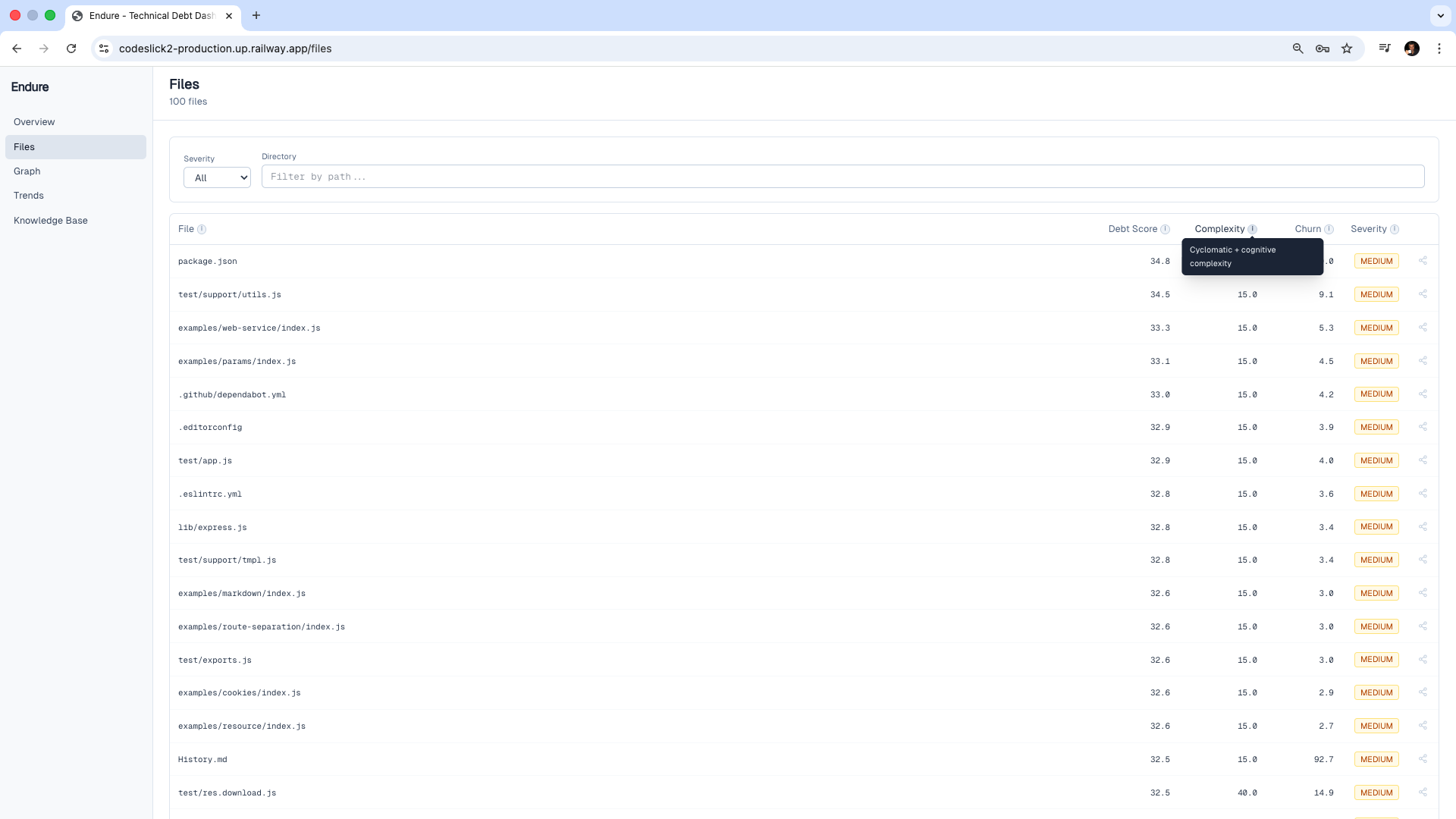 Endure Files view — sortable list of all analyzed files with debt score, complexity, churn, and severity