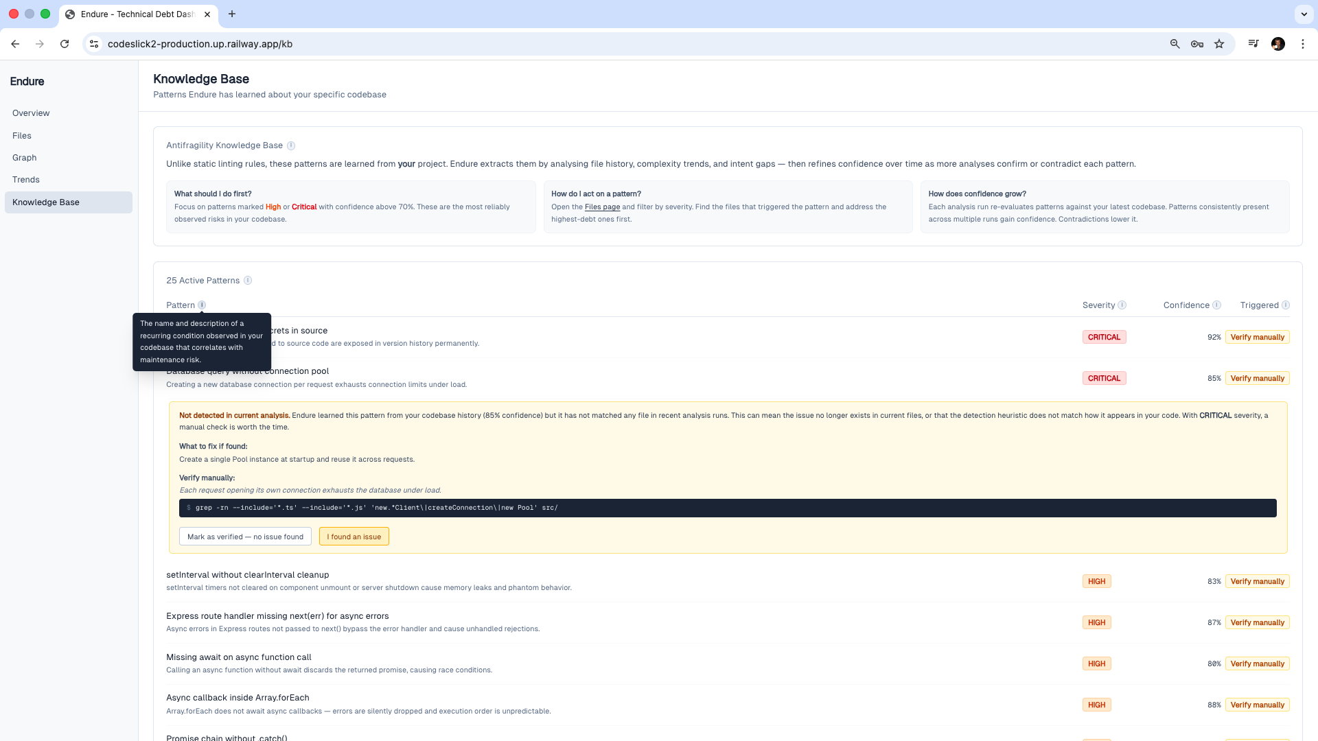 Endure Knowledge Base — patterns learned from your codebase, with severity, confidence, and CLI verification commands